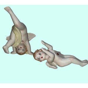 2 Vintage Cherub Piano Babies Heart Eyelashes Handpainted Pixie Angel